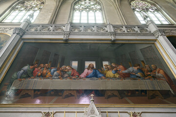 Interior with mosaic copy of famous fresco Last Supper of Leonardo da Vinci in Minorite Church...