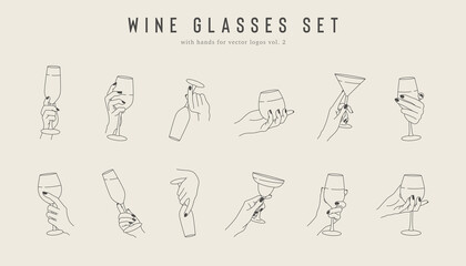 Set volume two of hands with wine glasses. Vector line collection of hold hand drinks. Design template for restaraunt logo, alcohol label, cocktail emblem, wine bar or drink store stickers.