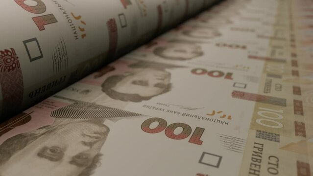 100 Ukrainian hryvnia bills on money printing machine. Video of printing cash. Banknotes. UAH. Economy.