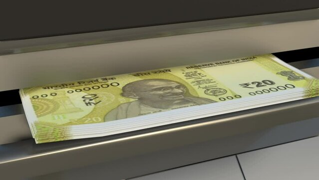 20 Indian rupees  in cash dispenser. Withdrawal of cash from an ATM. Financial transaction in the bank terminal. INR.