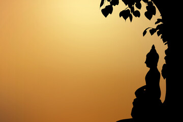 Silhouette buddha statue sitting under the Bodhi tree.