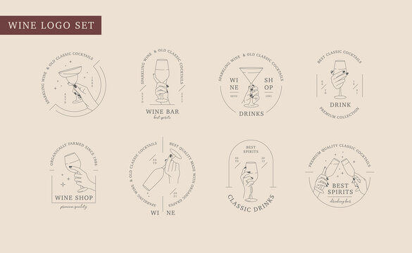 Vector linear set of emblem and logos for wine store, restaurant, cafe, cocktail bar. Collection of different hands hold glass of wine, drink or cocktail. Design template for logos with hand gestures.