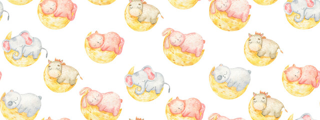 seamless pattern with cute animals on the moon, wallpaper, children's design, watercolor illustration