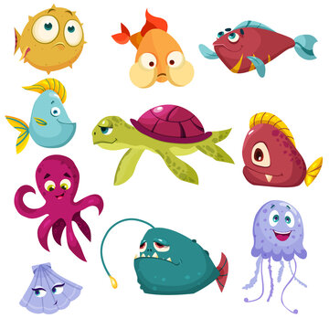 A set of funny cartoon sea fish. Octopus, snake fish, turtle, puffer fish, jellyfish, shell. Vector cartoon set of aquarium characters isolated on a white background.