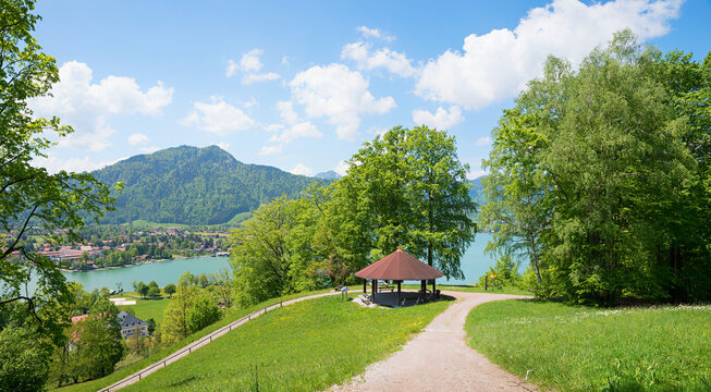 idyllic spring landscape  bavaria, Lookout point with Gazebo, view to lake Tegernsee and mountains