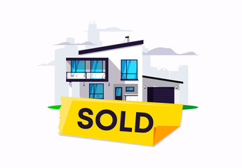 Vector illustration of a suburban two-storey house with a yellow sticker sold, purchase and investment in real estate