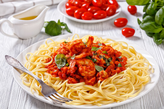 Shrimp Alla Marinara With Pasta On Plate