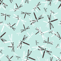 Black and White Grungy Dragon Flies Vector Seamless Background Pattern