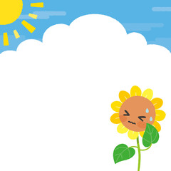夏空とかわいいひまわりの背景(太陽あり)　キャラクター　汗　正方形