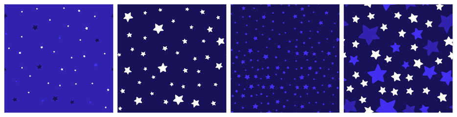 Navy and white star seamless pattern set. Night sky, patriotic Independence day background in shades of blue color. 