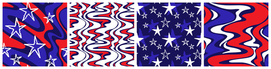 July 4th abstract stars and stripes seamless pattern with psychedelic design. Vector background in red, blue and white colors with liquid ripple and glitch effect.