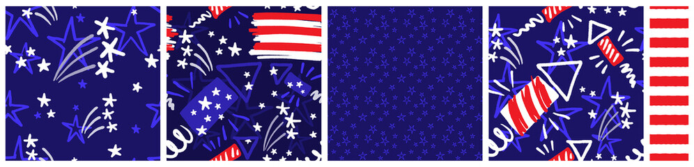 July 4th party seamless pattern set with firework, petard, US flag stars and stripes. Independence day celebration colorful background collection.