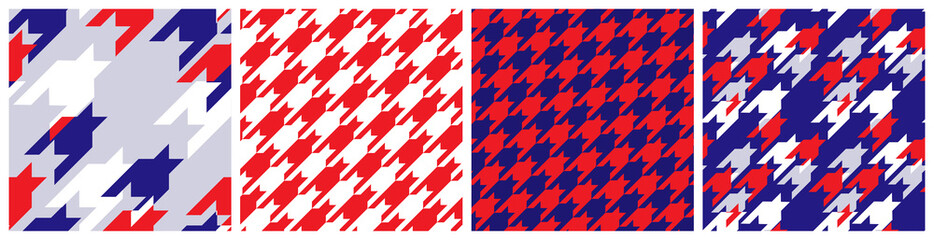 Houndstooth seamless pattern in red, blue and white colors.