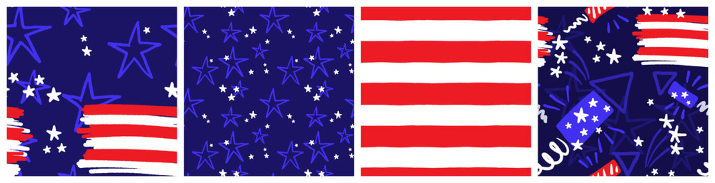 Independence day US patriotic seamless pattern set with stars and stripes graphic. Vector background set with rocket petard and firework clipart for the 4th of July party decorations in red, blue and 
