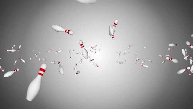 4K Loop Bowling strike, bowling ball knocks down bowling pins. 3D Animation Background. skittles and ball, sport games. Activities and entertainment. pursuit in bowling competition tournament