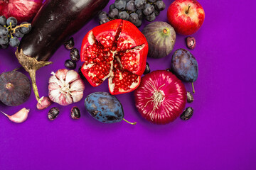 Blue, red and purple food. Culinary background of fruits and vegetables