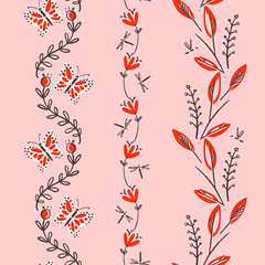Black and Red Hand Drawn Botanicals Vector Seamless Vertical Decorative Borders Set