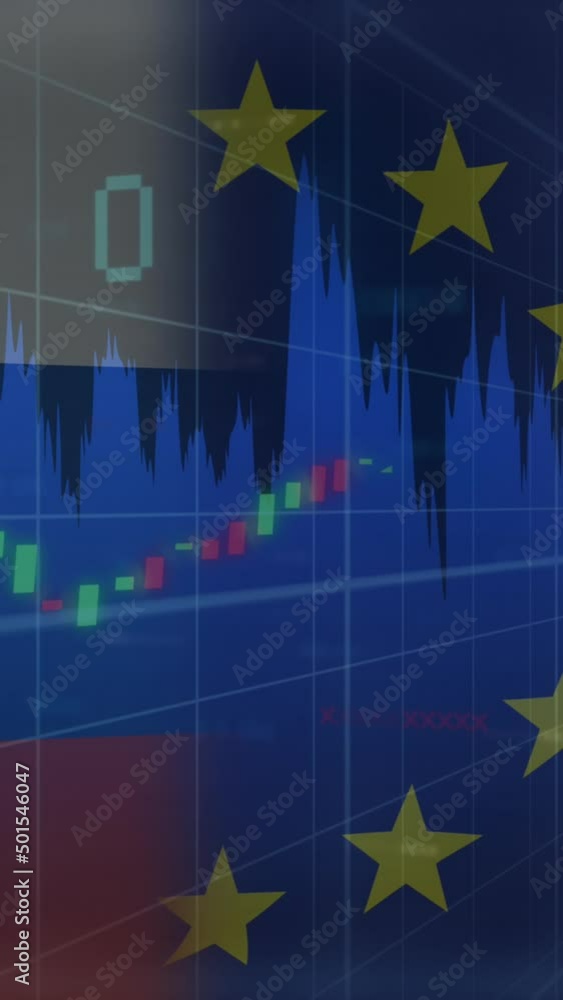 Poster animation of flag of russia and eu over data processing