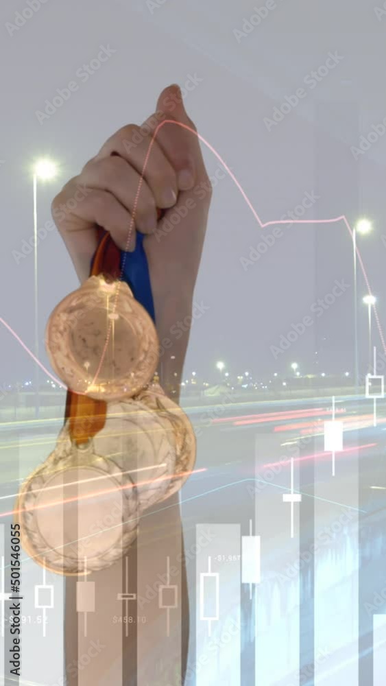 Poster animation of data processing over cityscape and medals