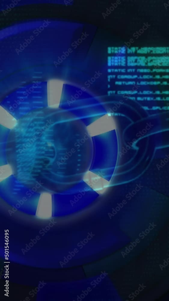 Poster animation of data processing on black background with blue circle