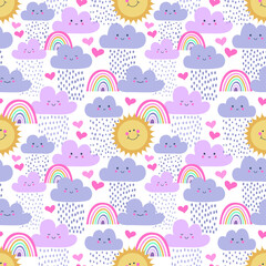 Seamless pattern with rainbow, sun, clouds and rain. Vector background in childish style. Great for kid theme.