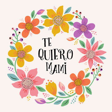 Happy Mother's Day inscription in Spanish, vector lettering in Spanish - I love you, mommy. Floral frame around lettering. Mother's day greeting card template. Isolated typography print.