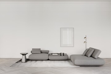 3d rendering of modern white living room with grey sofa and marble table, carpet on wooden parquet. Mock up posters frame 