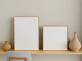 Modern and minimalist square wooden poster or photo frame mockup on the wall in the living room. 3d rendering.