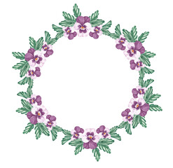 Watercolor wreath of pansies on a white background