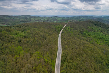 Aerial drone view of straight road between "G&ouml;nen and Balıkesir", Turkey.