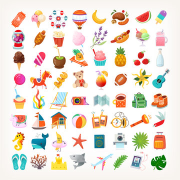 Collection of summer icons and stickers for funfair events, ocean beach fun, picnic with fruit and bbq, hiking equipment and flowers, traveling to festivals. Isolated vector images.