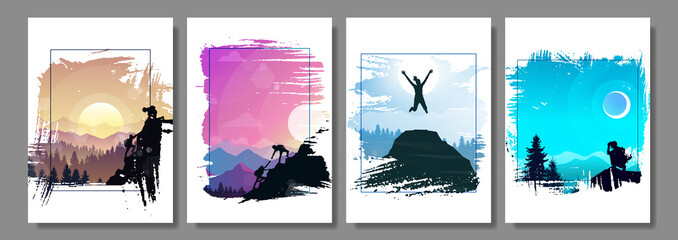 Travel concept of discovering, exploring, observing nature. Hiking. Adventure tourism. Abstract landscape. Frames set. Minimalist style. Flat design. Banners set with polygonal landscapes illustration