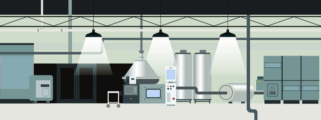 Industrial grey interior of factory machinery horizontal banner and background web flat vector illustration
