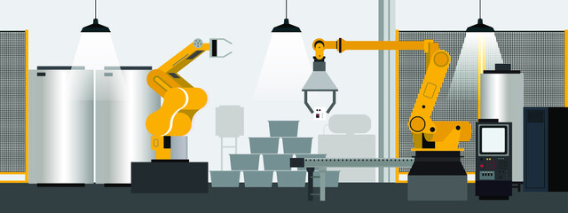 Industrial interior of factory with line conveyor and yellow robots machinery horizontal banner and background web flat vector illustration