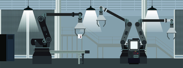 Industrial interior of factory with line conveyor and black robots machinery horizontal banner and background web flat vector illustration