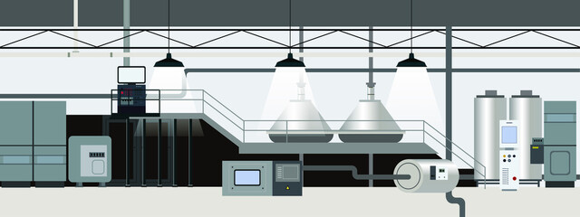 Industrial light grey interior of factory machinery horizontal banner and background web flat vector illustration