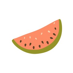 Vector illustration of watermelon slice in pastel pink green with seeds in doodle free hands style. Summer fruit healthy food vitamins concept