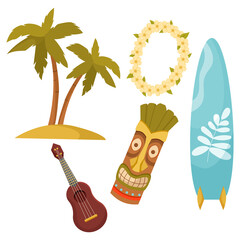 A set of elements on the theme of travel. Vacation in Hawaii. Cartoon icons of palm trees, Tiki mask, ukulele, surfboard, flower garland. Illustration for banners, posters, postcards, stickers.