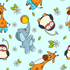 Cute seamless pattern with tropical animals and cartoon-style flowers. Vector illustration for packaging, children's textiles, decorative paper, wallpaper and much more.