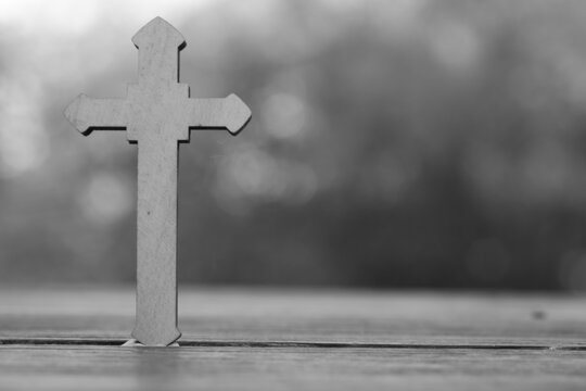 Wooden Christ cross and fresh pile of garlics on dark background. Christcross and garlic are believed that can protect from ghost and bad spirit. Christianity belief with peaceful belong to Jesus.