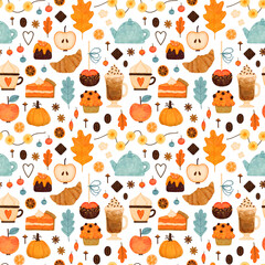 Bright and festive autumn pattern with cute elements - coffee mugs, teapot, sweet pastry, oak leaf, garland. Cozy autumn seamless pattern.