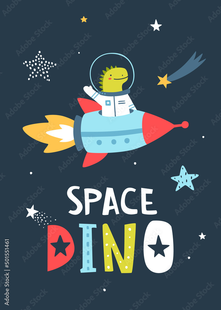 Wall mural poster with dino flying on the rocket in the space. cute cosmic dinosaur print with kettering.