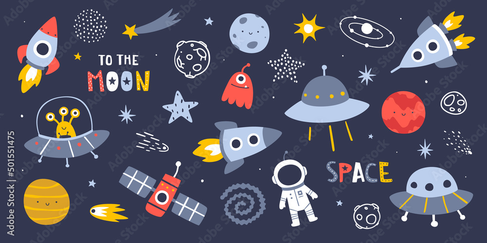 Wall mural cute outer space set. cosmic bundle with doodle spaceships and planet. collection of naive stellar s