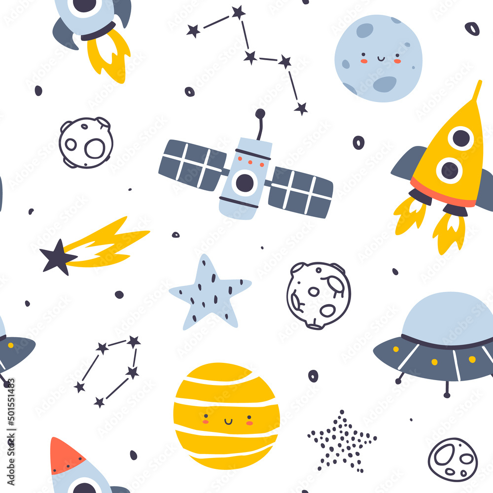 Poster scandinavian space adventure pattern. cosmic seamless vector print for baby fabric and nursery wallp