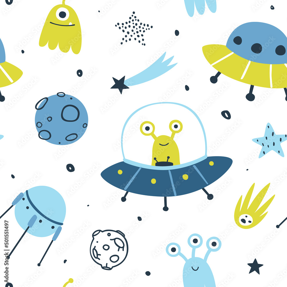 Wall mural cute space pattern with aliens on the ufo. funny seamless cosmic print for baby textile and nursery 