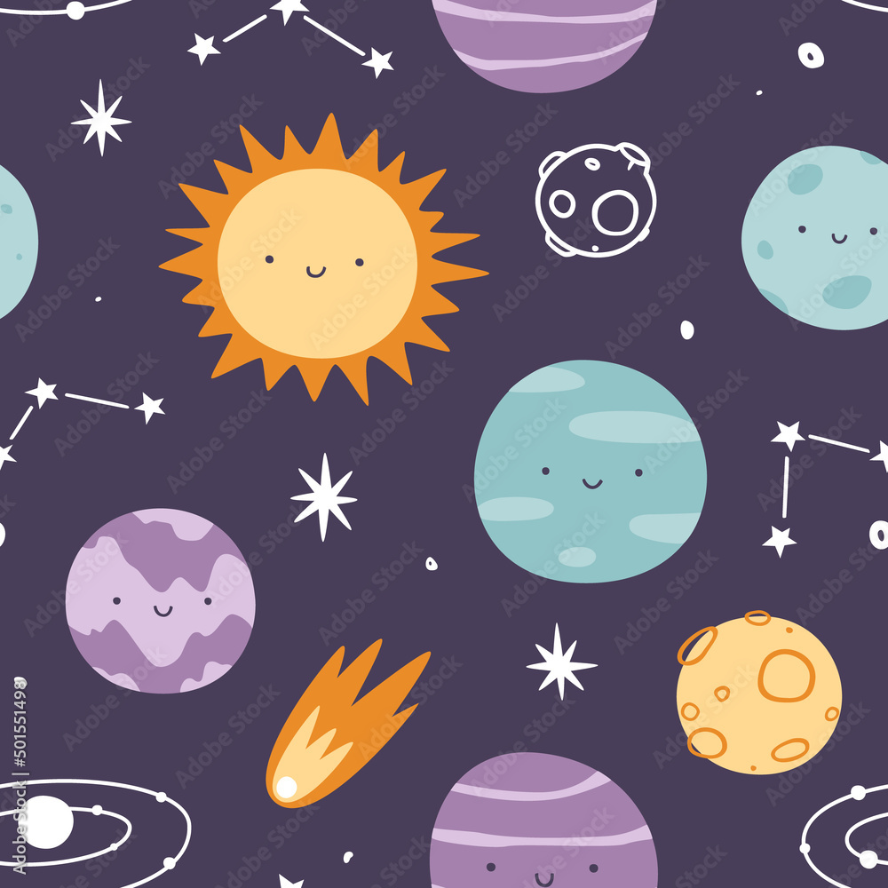 Sticker kawaii planets with smiling faces pattern. space seamless vector print for baby textile and nursery 