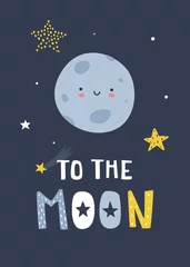  Cute scandinavian poster with smiling moon and lettering. Kawaii space print with planet and text. © Sonium_art