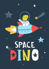 Naklejka premium Poster with dino flying on the rocket in the space. Cute cosmic dinosaur print with kettering.