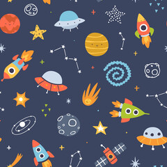 Space adventure pattern for kids. Colorful seamless cosmic print for baby textile and fabric.