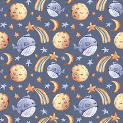 Watercolor hand painted fish and moon seamless pattern on blue background. Cute kids illustrations. Perfect for textile design, fabric, wrapping paper, scrapbooking	
